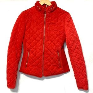ZARA Woman Womens Quilted Red Jacket Size M Medium Full Zip Button Closure Coat.